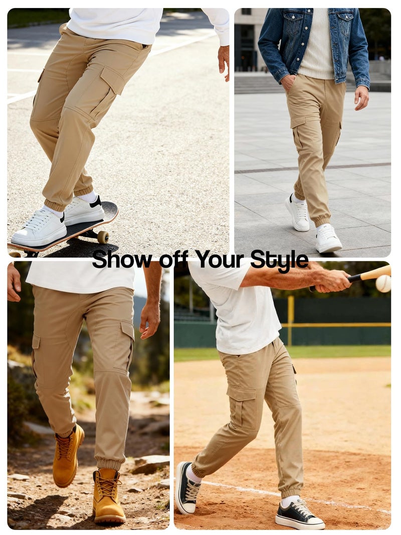 PLEPAN Mens Casual Cargo Joggers Drawstring Elastic Waist Tapered Work Pants Chino Slim Fit Fashion Hiking Workout Pants with 6 Pockets Khaki Large - Image 5