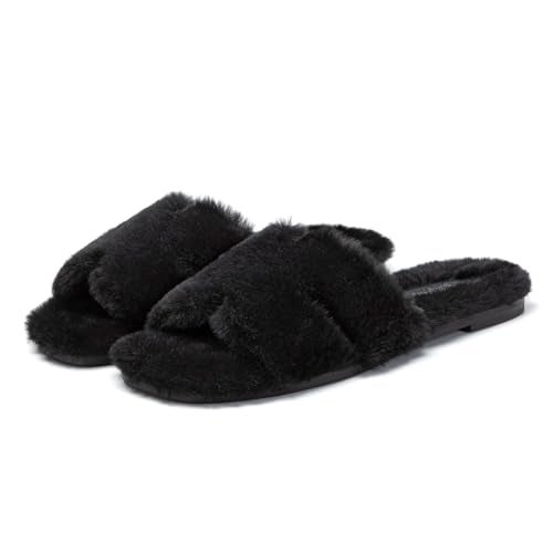 Athlefit Women's Fuzzy Slippers Cute Comfy Fluffy Open Toe Slip-on House Slide Slippers for Indoor Bedroom Bridesmaid, Black, Size 9, AD01354 - Image 5