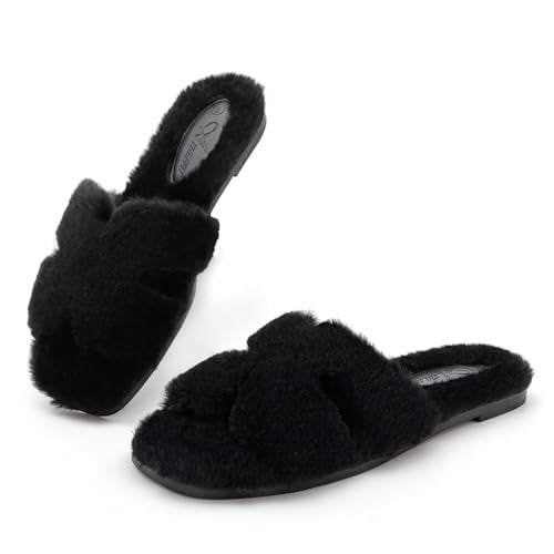 Athlefit Women's Fuzzy Slippers Cute Comfy Fluffy Open Toe Slip-on House Slide Slippers for Indoor Bedroom Bridesmaid, Black, Size 9, AD01354 - Image 1