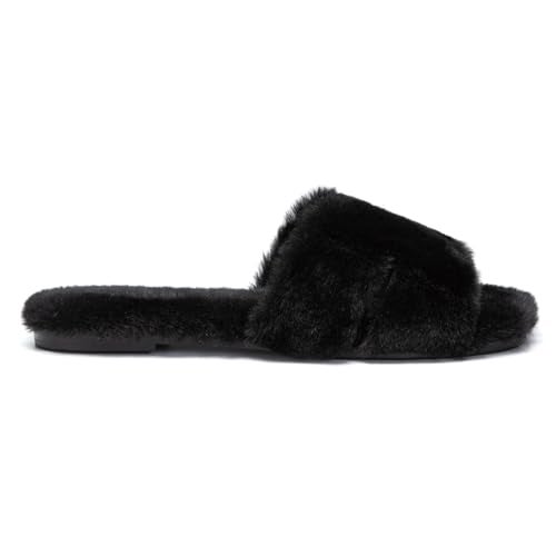 Athlefit Women's Fuzzy Slippers Cute Comfy Fluffy Open Toe Slip-on House Slide Slippers for Indoor Bedroom Bridesmaid, Black, Size 9, AD01354 - Image 3