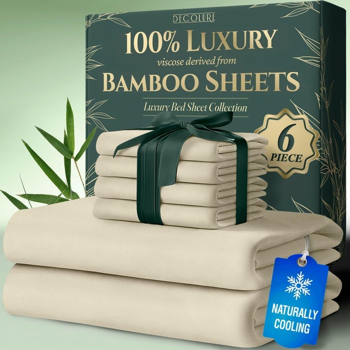 100 VISCOSE DERIVED FROM BAMBOO SHEETS QUEEN SIZE 6PCS ULTRA SOFT LUXURIOUSLY COOLING 17 DEEP POCKET DOUBLE STITCHING PERFECT FOR HOT SLEEPERS QUEEN BED SHEETS CREME