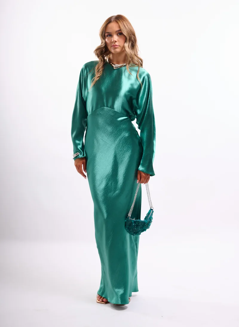 BATWING MAXI WITH TIES IN SATIN IN JADE