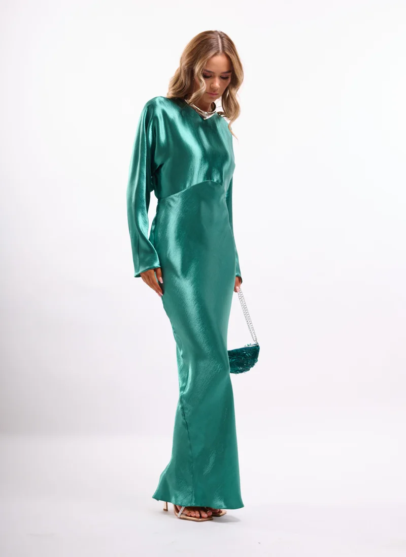 Faia emerald green High Shine Satin Maxi with Tie in Jade for Women | Best Price UAE