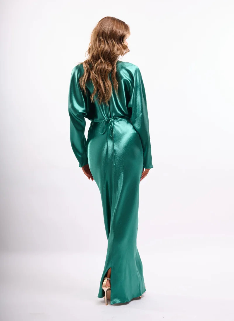 Faia emerald green High Shine Satin Maxi with Tie in Jade for Women | Best Price UAE