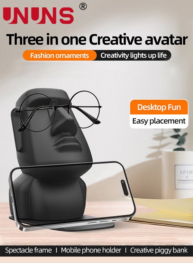 UNUNS 3 in 1 Glasses Holder Stand,Abstract Statue Shaped Phone Holder Money Saving Box Unique Eyeglasses Display Stands,Phone Mount Eyewear Holder Money Bank Saving Box for Home Office Decor Gift,Black - Image 2