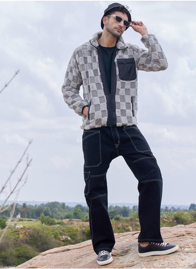 Campus Sutra - Men's Moon Grey Fleece Buffalo Check Puffer Jacket - Image 1
