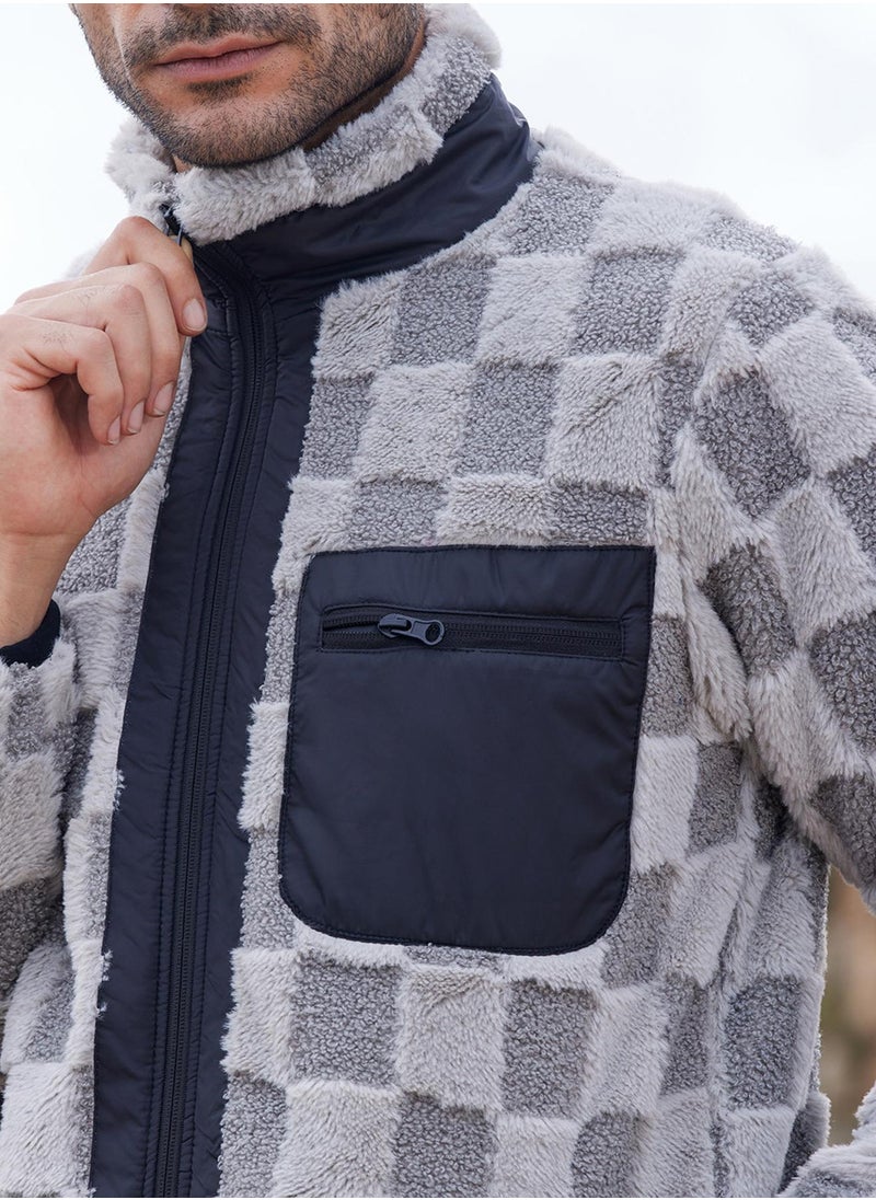 Campus Sutra - Men's Moon Grey Fleece Buffalo Check Puffer Jacket - Image 1
