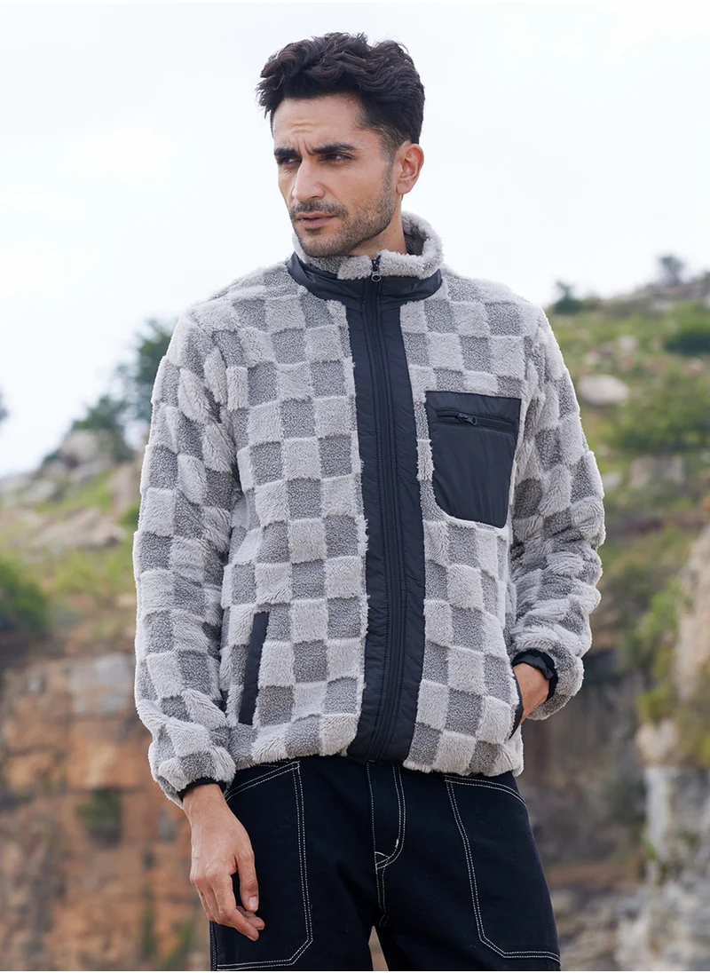 Campus Sutra Men's Moon Grey Fleece Buffalo Check Puffer Jacket