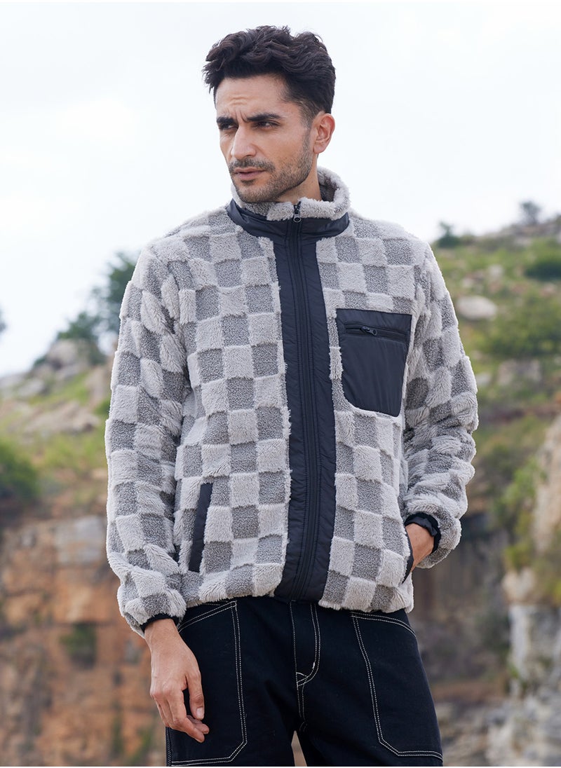 Campus Sutra - Men's Moon Grey Fleece Buffalo Check Puffer Jacket - Image 1