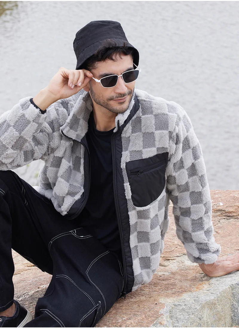 Campus Sutra Men's Moon Grey Fleece Buffalo Check Puffer Jacket