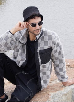 Campus Sutra Men's Moon Grey Fleece Buffalo Check Puffer Jacket  - Image 1