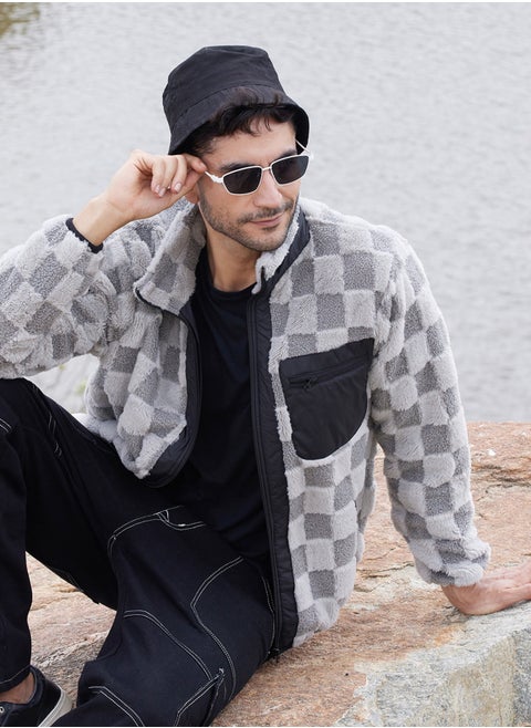 Men's Moon Grey Fleece Buffalo Check Puffer Jacket