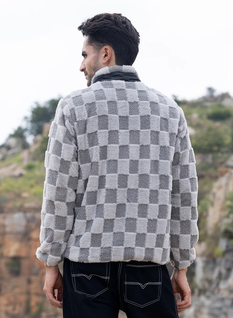 Campus Sutra Men's Moon Grey Fleece Buffalo Check Puffer Jacket