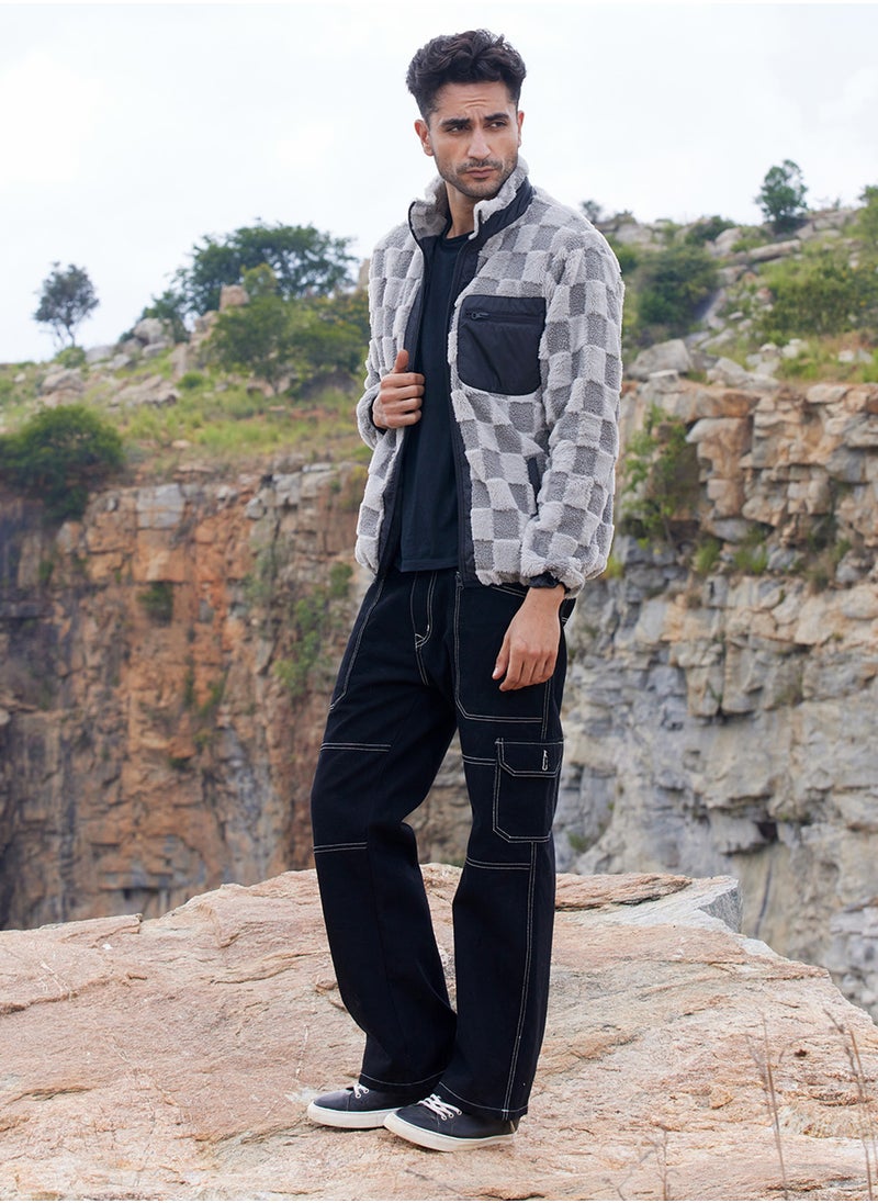 Campus Sutra - Men's Moon Grey Fleece Buffalo Check Puffer Jacket - Image 1