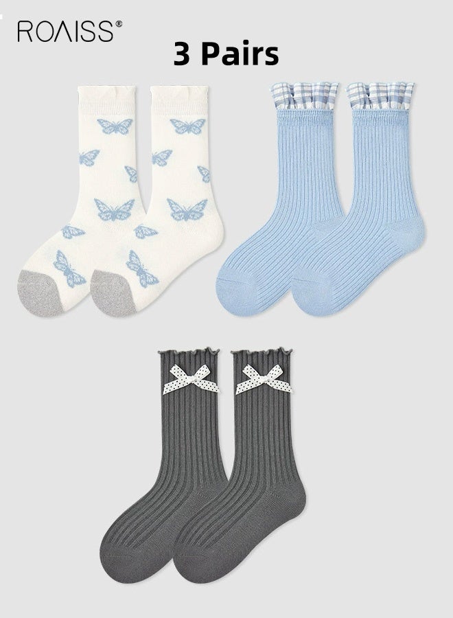 رويس مجموعة من 3 أزواج من الجوارب الأنيقة، جوارب نسائية تصل إلى منتصف الساق بتصميم جذاب، جوارب مريحة وقابلة للتنفس، جوارب متوسطة الطول للفتيات، سهلة التنسيق مع الملابس - Image 1