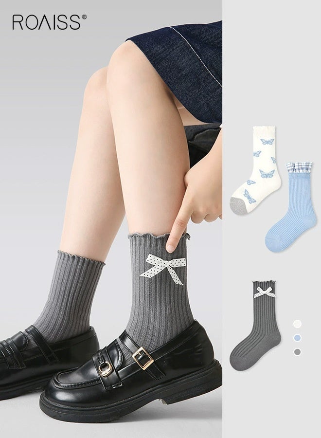 رويس مجموعة من 3 أزواج من الجوارب الأنيقة، جوارب نسائية تصل إلى منتصف الساق بتصميم جذاب، جوارب مريحة وقابلة للتنفس، جوارب متوسطة الطول للفتيات، سهلة التنسيق مع الملابس - Image 2
