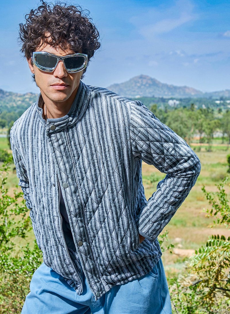 Campus Sutra Men's Moon Grey Halo Striped Quilted Jacket  - Image 1