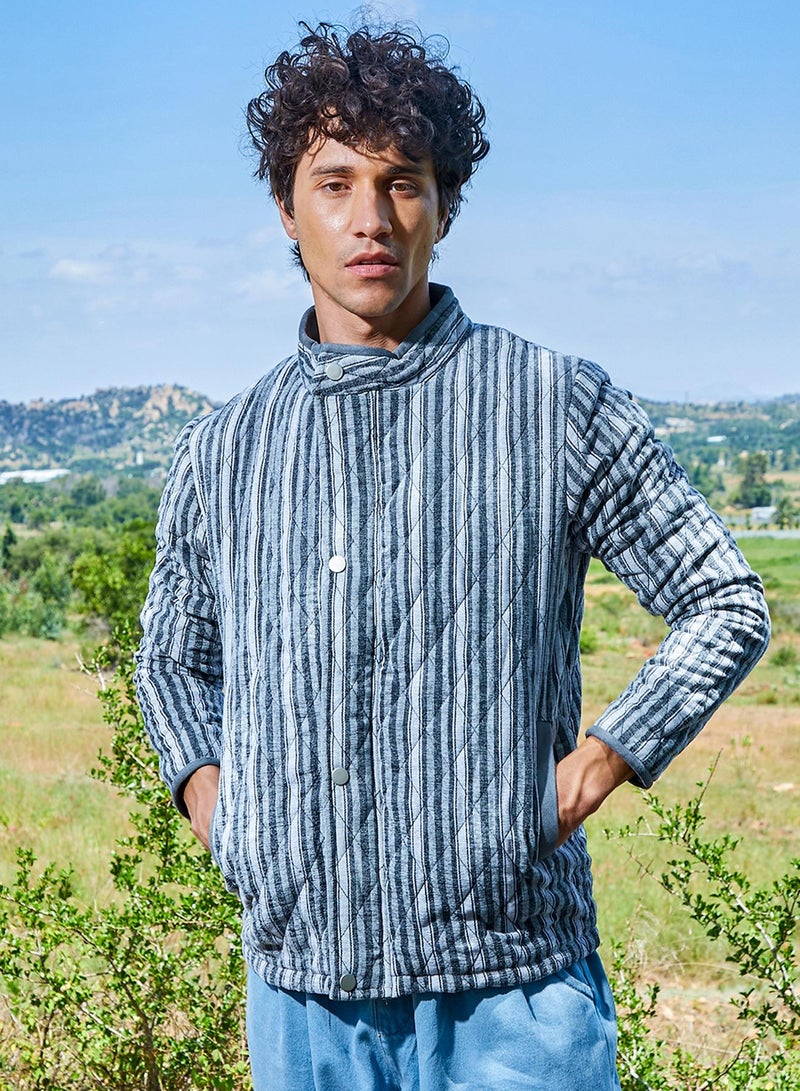 Campus Sutra Men's Moon Grey Halo Striped Quilted Jacket  - Image 2