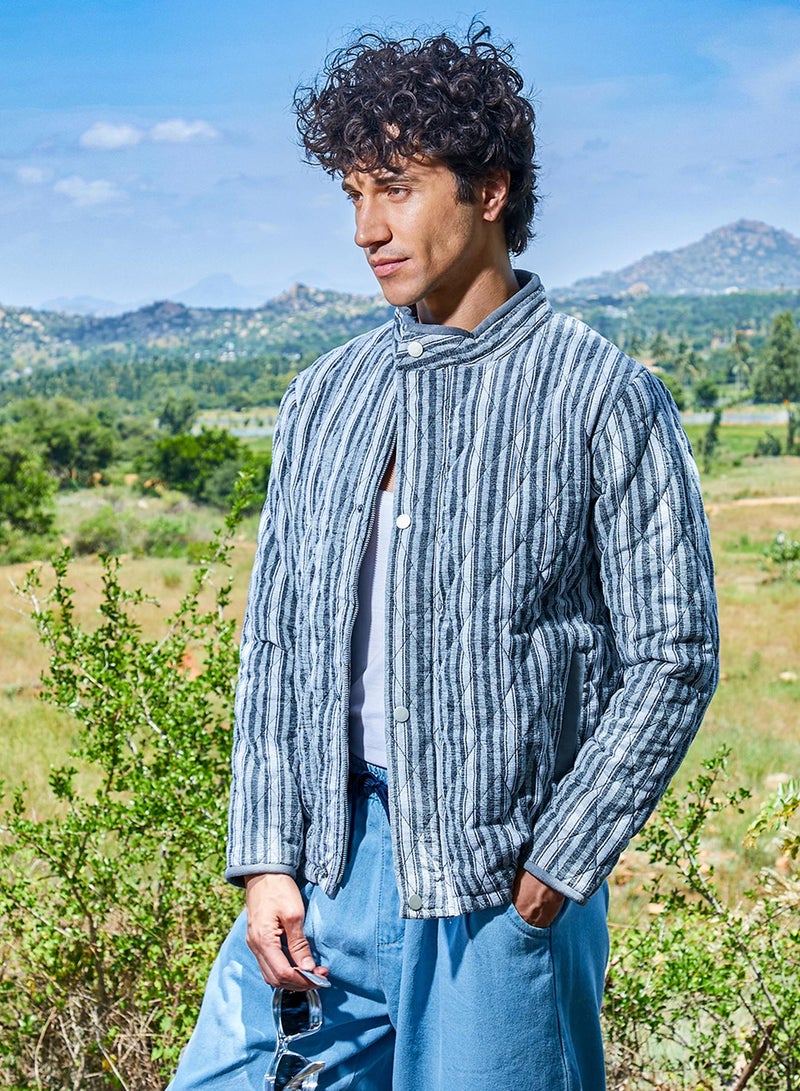 Campus Sutra Men's Moon Grey Halo Striped Quilted Jacket  - Image 3