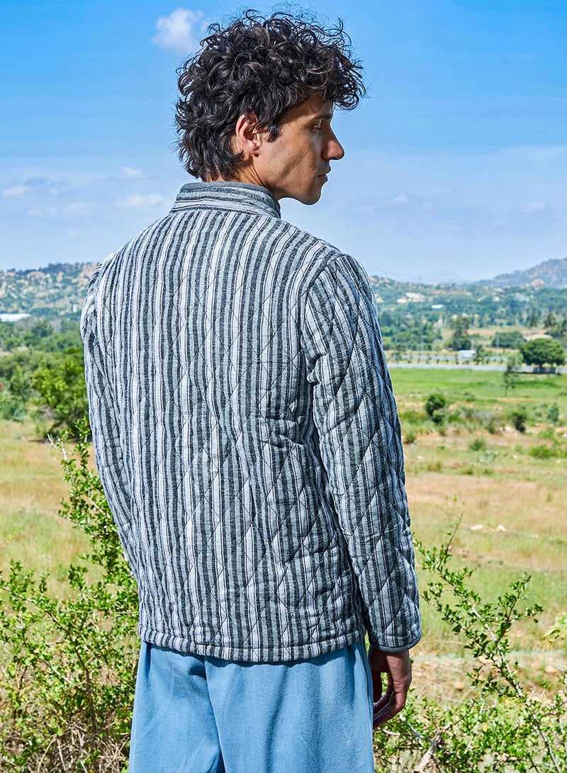 Campus Sutra Men's Moon Grey Halo Striped Quilted Jacket  - Image 5