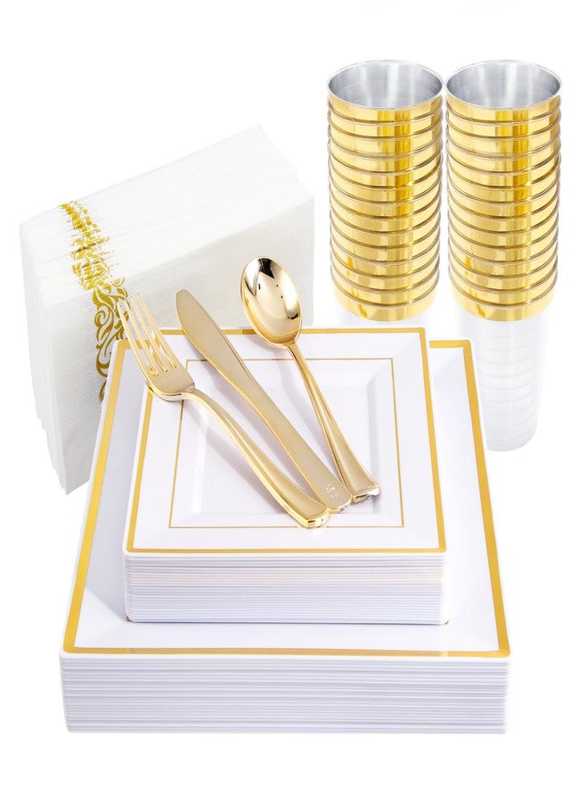 I00000 175PCS Gold Plastic Dinnerware Set, Includes 25 Dinner & Salad Plates, 25 Gold Silverware Sets, 25 Tumblers, 25 Guest Towels for Wedding - Image 1
