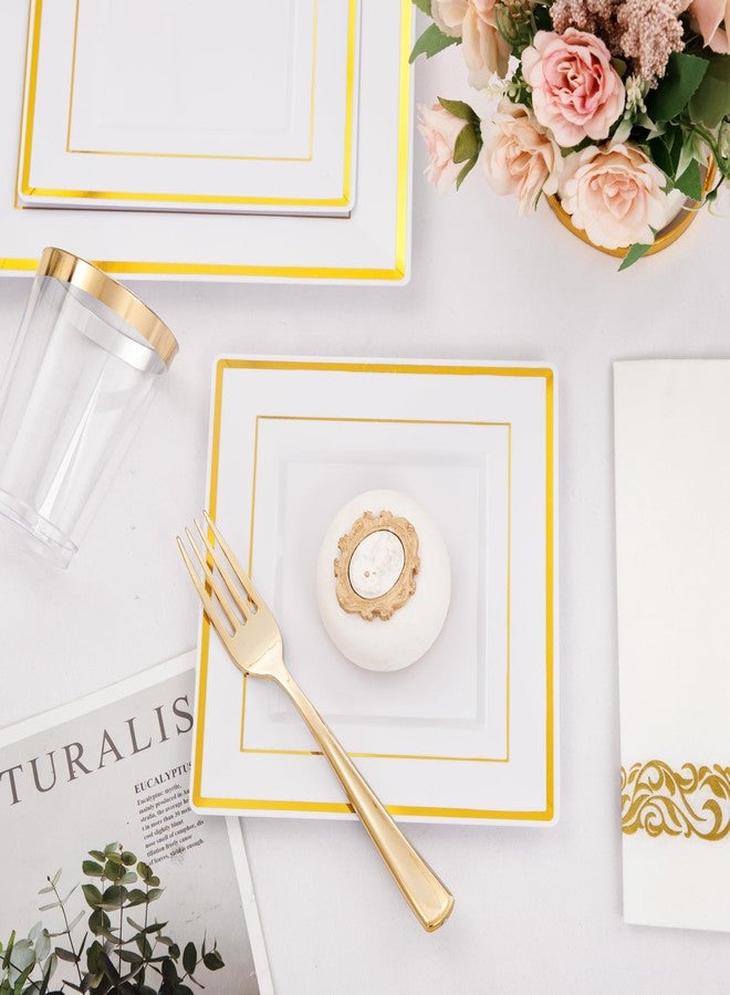 I00000 175PCS Gold Plastic Dinnerware Set, Includes 25 Dinner & Salad Plates, 25 Gold Silverware Sets, 25 Tumblers, 25 Guest Towels for Wedding - Image 5