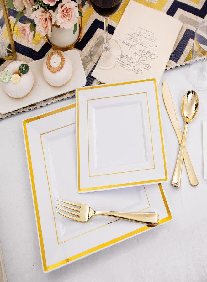 I00000 175PCS Gold Plastic Dinnerware Set, Includes 25 Dinner & Salad Plates, 25 Gold Silverware Sets, 25 Tumblers, 25 Guest Towels for Wedding - Image 2