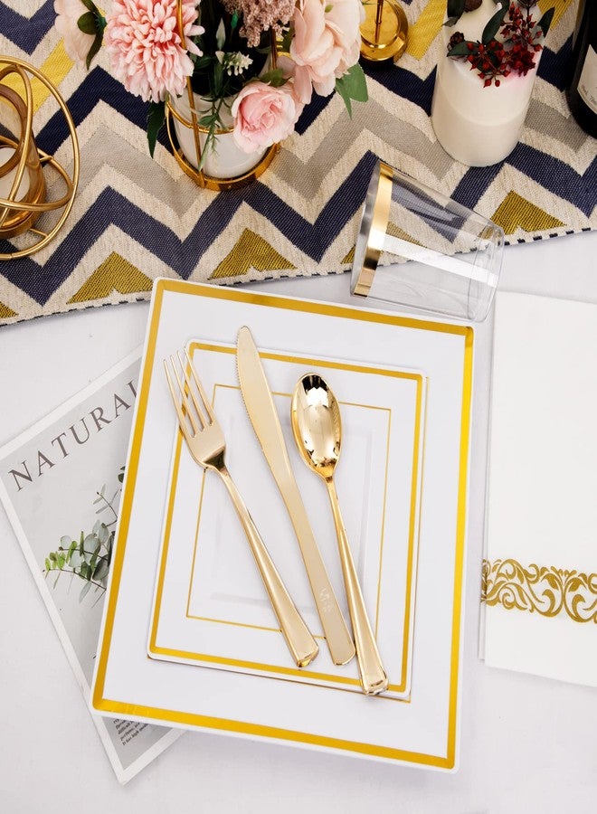 I00000 175PCS Gold Plastic Dinnerware Set, Includes 25 Dinner & Salad Plates, 25 Gold Silverware Sets, 25 Tumblers, 25 Guest Towels for Wedding - Image 3