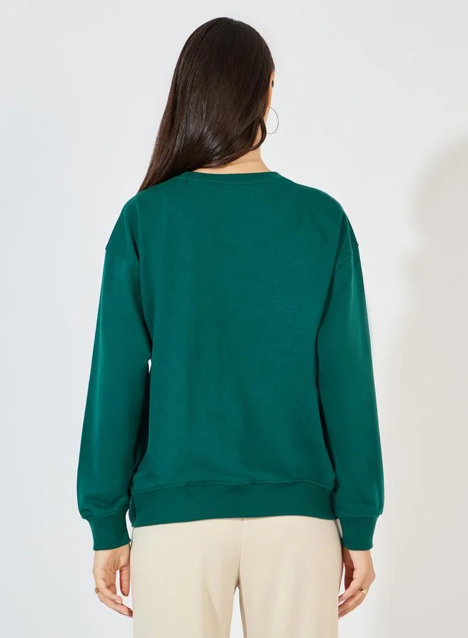 Styli Regular Fit Longline Graphic Sweatshirt with Neck Rib Detail