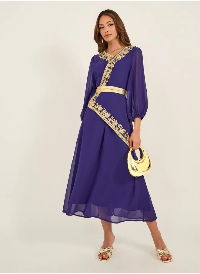كي أل Lace Insert Balloon Sleeve V-Neck Midi Dress by Styli