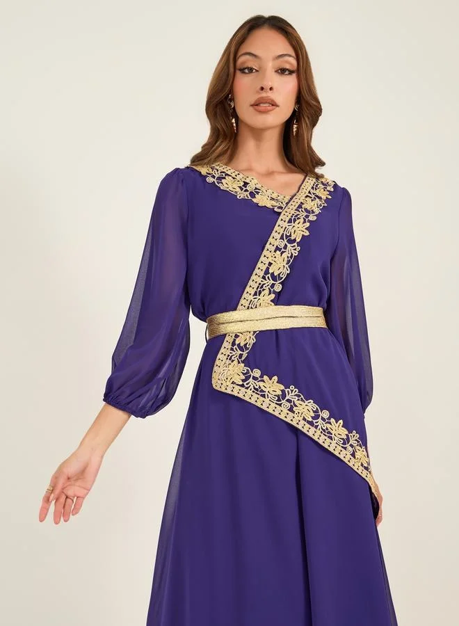 Take Two Take Two Lace Insert Balloon Sleeve V-Neck Midi Dress