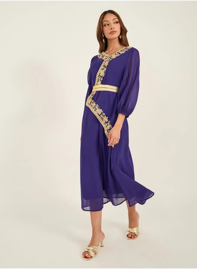 كي أل Lace Insert Balloon Sleeve V-Neck Midi Dress by Styli