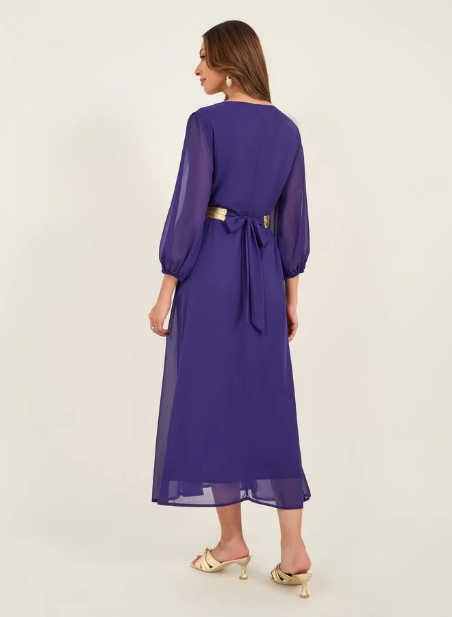 Take Two Take Two Lace Insert Balloon Sleeve V-Neck Midi Dress