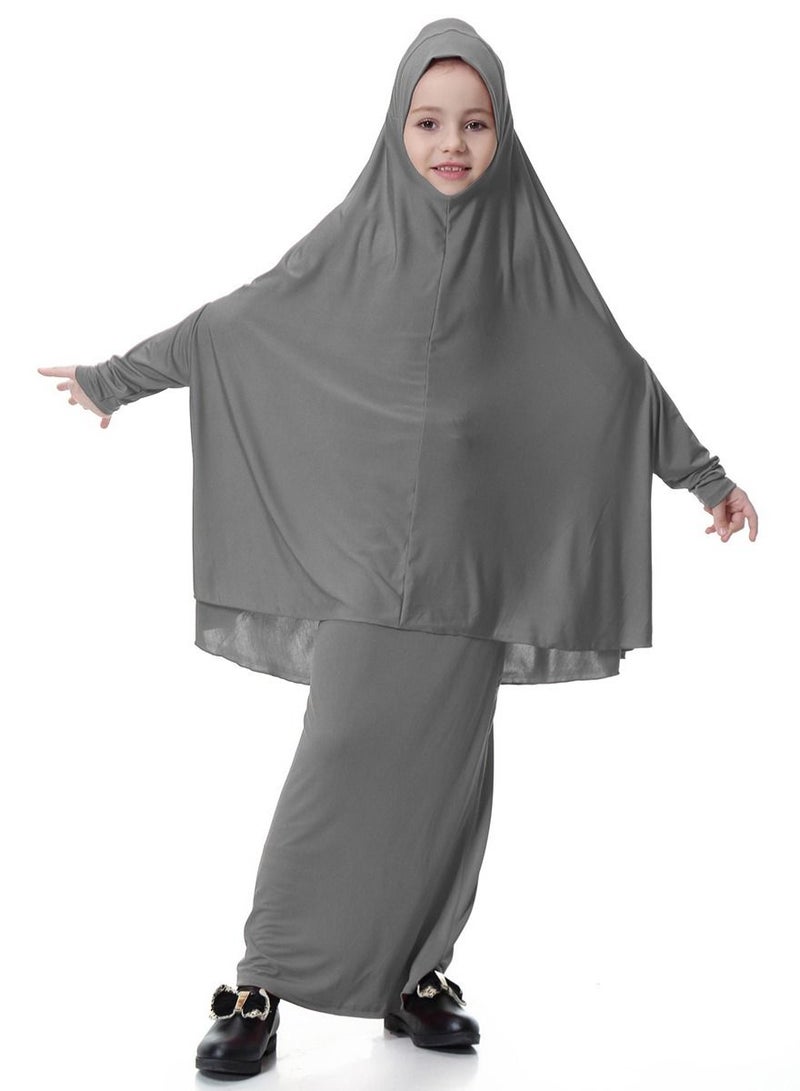 Loquat Girl's Traditional 2-Piece Set Solid Color Abaya Robe And Skirt Suit Grey 
