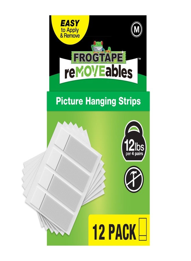 FrogTape reMOVEables Medium Picture Hanging Strips, Damage-Free Removable Adhesive Wall Strips, Picture Hangers, Stick On Wall Mounting for Frames, Canvas, Home Décor, White, 12 Pairs (24 Pieces) - Image 1