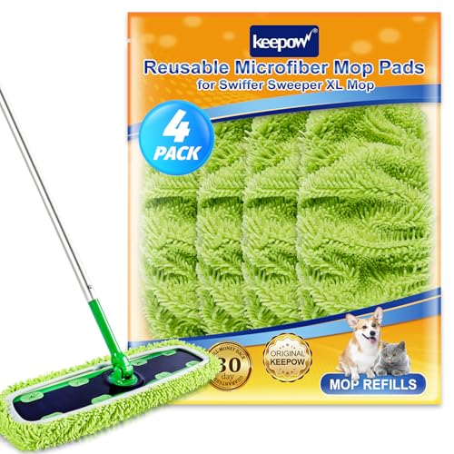 KEEPOW Reusable XL Mop Pads Compatible with Swiffer XL Sweeper, X-Large Dry Sweeping Cloths, Wet Mopping Cloths, Washable Microfiber XL Wet Pads Refills for Surface/Hardwood Floor Cleaning, 4 Pack - Image 1