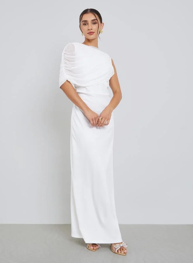 Styli White Ruched One-Shoulder Maxi Dress