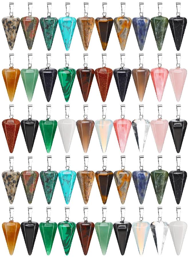 Fumete 50 Pieces Cone Stone Pendants Pendulum Line Crystal Pendants Healing Chakra Quartz Crystal Charms Cone Shaped Gemstone Pendants for Jewelry Making DIY Necklace, 25 Colors - Image 1