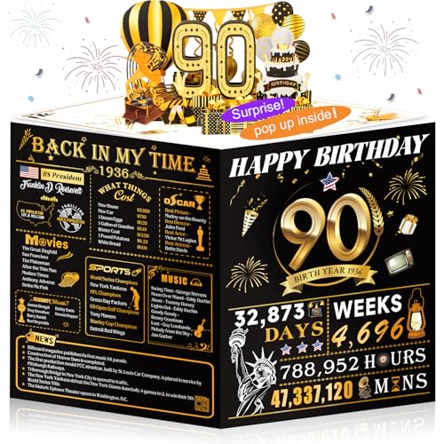 OLOSONG 90th Birthday Cards for Women Men, 3D Pop Up 90th Birthday Gift Ideas for Grandma Mom Dad, Funny 90 Year Old Birthday Decorations for Husband Wife Parents Him Her, Jumbo Back In 1936 ﻿ - Image 1