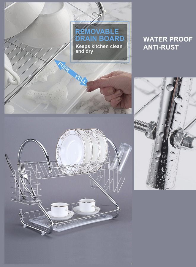 توشيونيكس 2 طبقات فوق المغسلة منظم تجفيف رف تخزين حامل لوحة حامل أدوات مائدة تجفيف أواني مع صينية بالتنقيط - Image 3