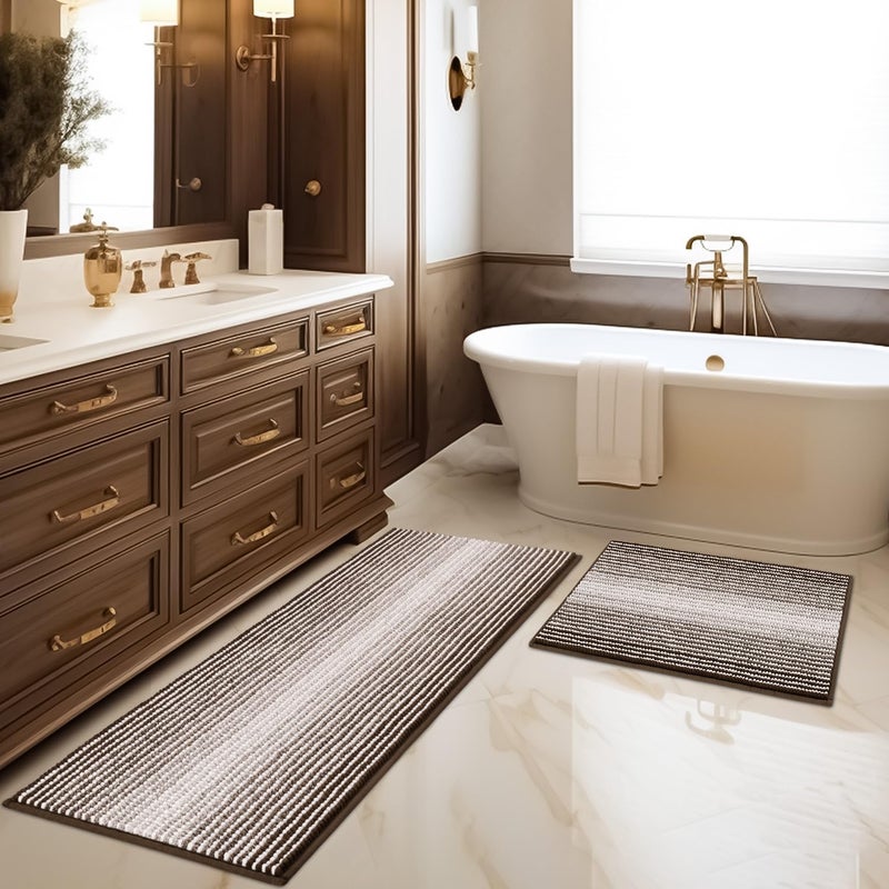 BSICPRO Bathroom Rugs and Mats Sets, 2 Piece Thick Absorbent Chenille Bath Mat Rug Set Non Slip, Soft Shaggy Bath Room Floor Mats for Bathroom, Machine Washable (Brown, 20" x 47" Plus 16" x 24") - Image 1