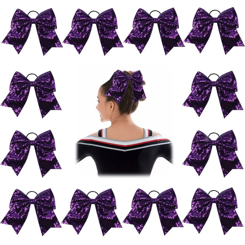 Oaoleer 12PCS 7 Large Glitter Cheer Hair Bows Ponytail Holder Elastic Band Handmade for Cheerleading Teen Girls College Sports Purple