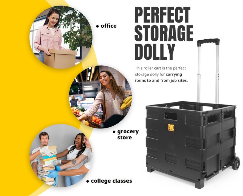 MaxWorks 51051 Collapsible Black Rolling Folding Dolly Cart for Teachers - Multi-Functional Dolly with Extra Storage Durable Wheels and Easy-to-Fold Design for Classroom Office Shopping - Without Lid - Image 3