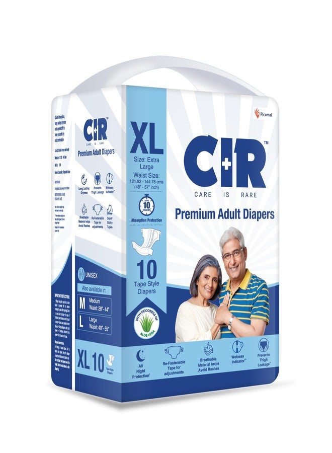 CIR Unisex Premium Adult Diaper-Tape Style All Night Protection With Aloe Vera Extra Large(Xl) Size Waist(122-145Cm 48"-58") 10 Units