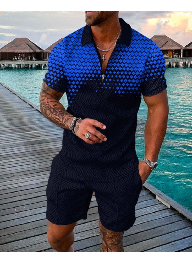 Men's Polo Suit Fashion Men Sets  Summer V-neck Zipper Short Sleeve POLO Shirt+Shorts Two Pieces Men Casual Suit  - Image 1