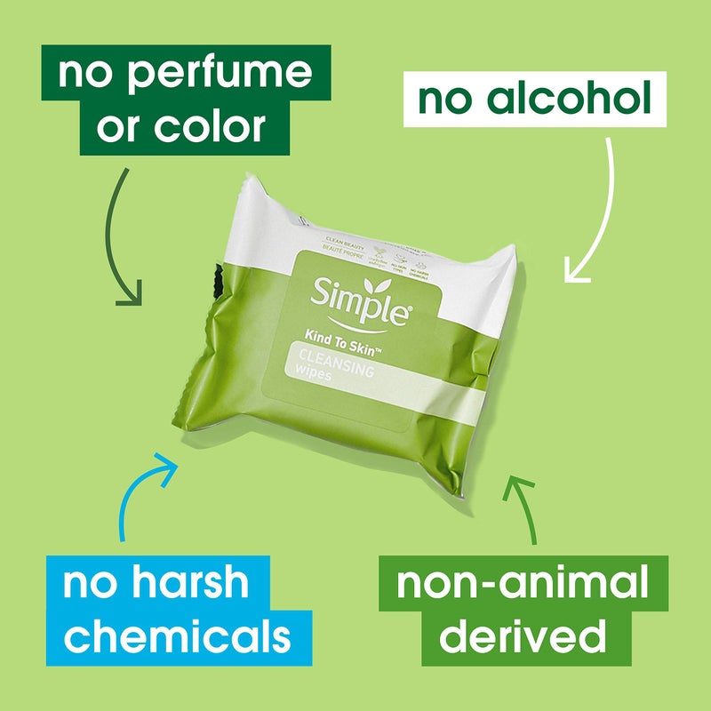 Simple Kind to Skin Facial Wipes Gentle and Effective Makeup Remover Cleansing Free from color and dye, artificial perfume and harsh chemicals 25 Wipes 2 Count - Image 3