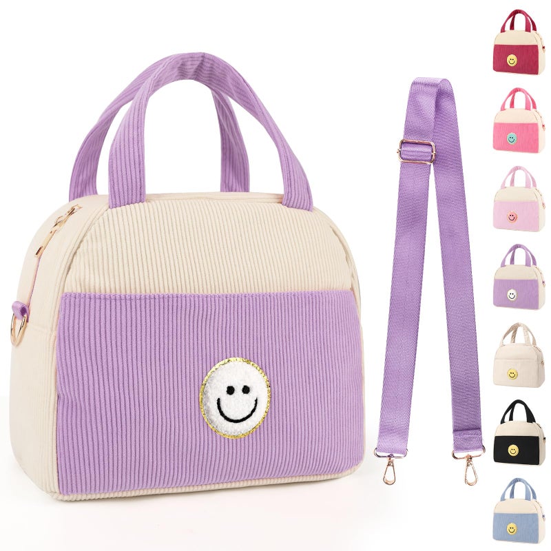 Kids Lunch Bag Lunch Box for Teen Girls Boys Back to School Cute Preppy Lunchbox With Adjustable Shoulder Strap Insulated Corduroy LunchBoxes LunchBags for Women Work Picnic Purple