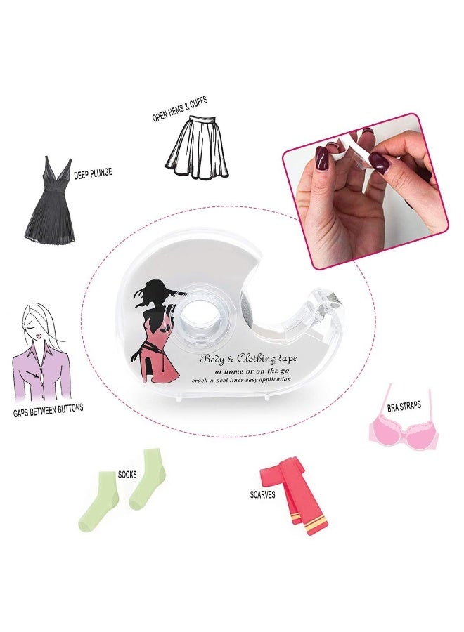 شريط لاصق مزدوج الجوانب للنساء لتثبيت الملابس - شريط لاصق أنيق غير مرئي مع موزع للفساتين والبلوزات وحمالات الصدر - لاصق قوي 5 أمتار - Image 2
