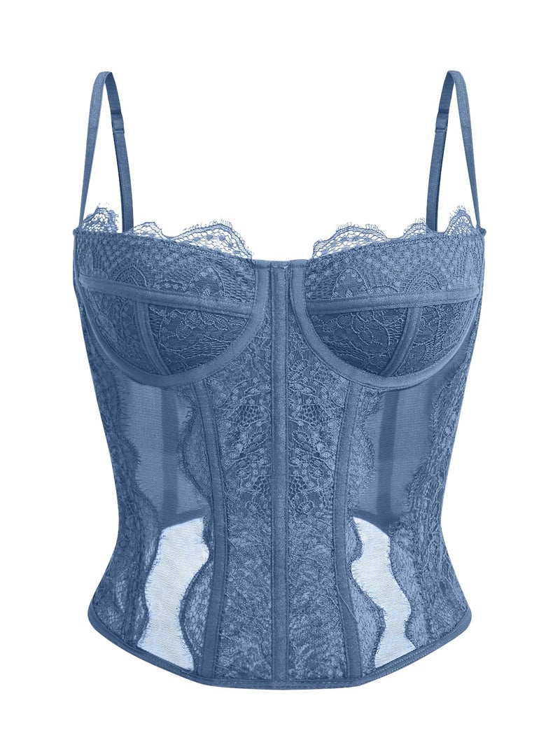Dealmore Corset Tops For Women Going Out Lace Mesh Date Night Fall Fashion Outfits Clothes Crop Cute Party Strap Tank Blue Medium - Image 1