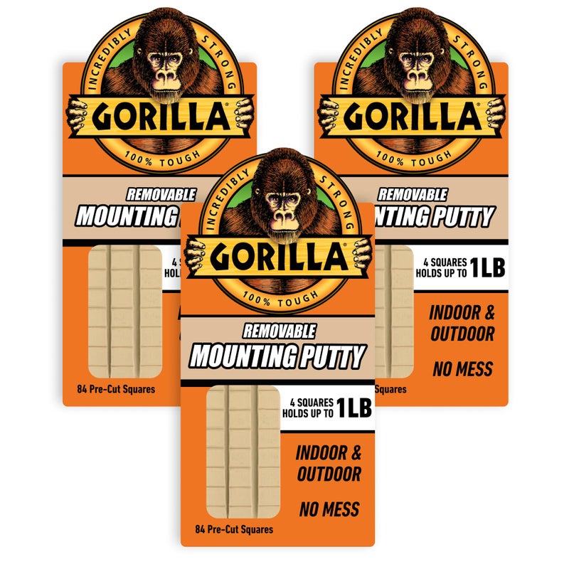 Gorilla Mounting Putty Natural Tan Color 84 PreCut Squares Pack of 3 NonToxic Removable Repositionable Wall Putty